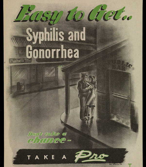 1943年的一幅平版版画，用于在二战的美国军队中推广使用避孕套