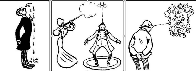 　　20世纪初，一家巴黎讽刺杂志就曾滑稽地声称，一位美国“唾液教授”开设了一门关于吐痰的课程，目的是提高吐痰者的熟练程度。这几幅讽喻性的漫画很好地说明了学生们在吐痰技巧上的进步