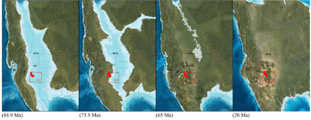 从8490万年前到2000万年前北美洲的西部内陆海道由宽阔到消失的过程。