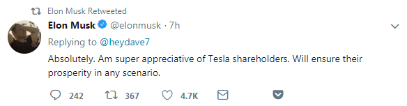 马斯克：“当然。我非常感激特斯拉的股东。我会在任何情形下保证他们的（投资）成功。”