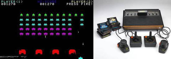 　　图左：在街机时代红遍全球《太空入侵者》（国内更为闻名的名字是《小蜜蜂》）由游戏设计师西角友宏与1978年制作发布，当年的火爆程度甚至不是现在的所谓3A大作所能企及。 图右：由雅达利（Atari）在1977年9月11日发行的Atari 2600，发售之初销量平平，直到1980年迎来了移植游戏《太空入侵者》这款杀手级应用（Killer application）将其带火。