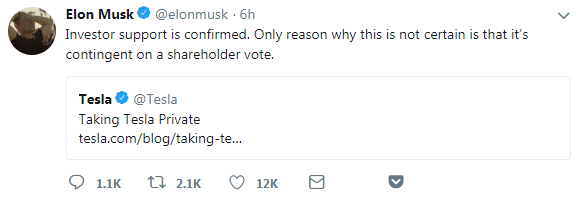 　　马斯克：“投资者的支持已得到确认。私有化计划之所以尚未最终确定，只是因为我们还需要股东投票认可。”