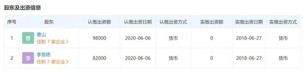 2017-2018年，曹山、李雪艳成立的北京光量蓝图 　　实缴资本为0 　　数据来自天眼查