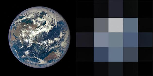 　　科学家从“深空气候观测台”卫星上获取地球图像，并将这些图像的像素从400万像素降低到只有几个像素，让画面几乎完全无法辨识，然后在这样的图像基础上进行研究，这样做很重要，因为未来系外行星直接成像的效果可能也就与此类似