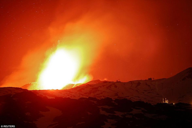 熔岩“喷泉”：意大利埃特纳火山喷发奇景