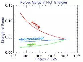 强弱电三种力的强度在超高能量时趋于一致。&nbsp;图片来源：The Particle Adventure