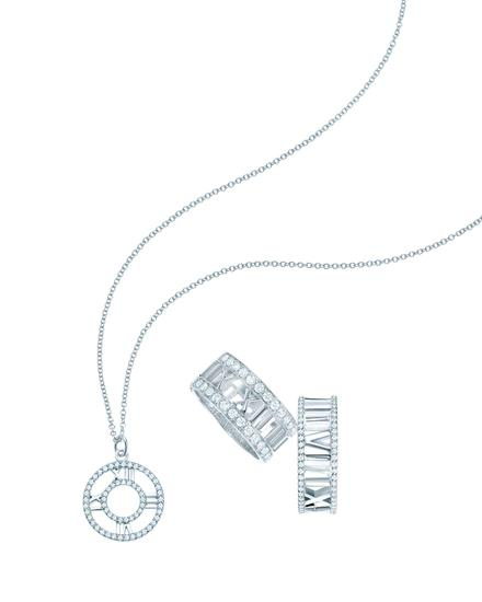 Tiffany & Co。蒂芙尼Atlas®系列18K白金镶钻圆形镂空吊坠；18K白金镶钻戒指；18K白金镶钻戒指