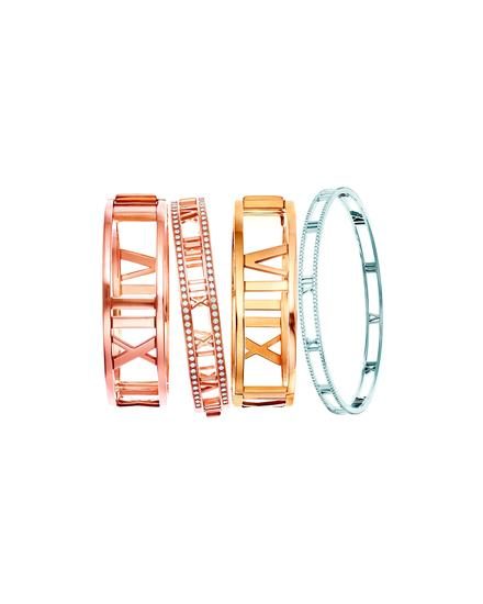Tiffany & Co。蒂芙尼Atlas®系列手镯(自左向右)18K玫瑰金；18K玫瑰金镶钻；18K黄金；18K白金镶钻
