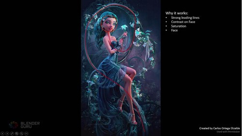 以引导线、高对比度度与鲜艳的唇色，引导观者的目光注视在主题的面容上。