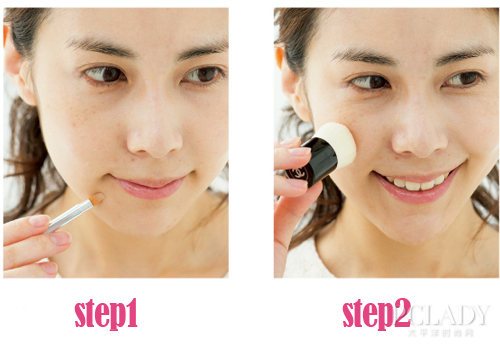 用细小的化妆刷将嘴角、眼角等部分蘸取遮瑕膏后仔细涂抹