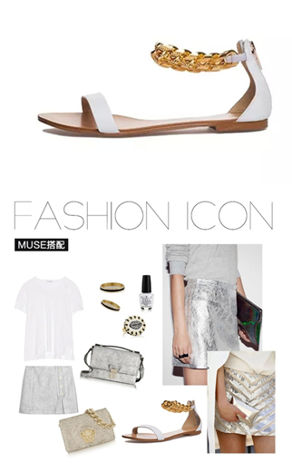 　露跐锁链真皮罗马凉鞋