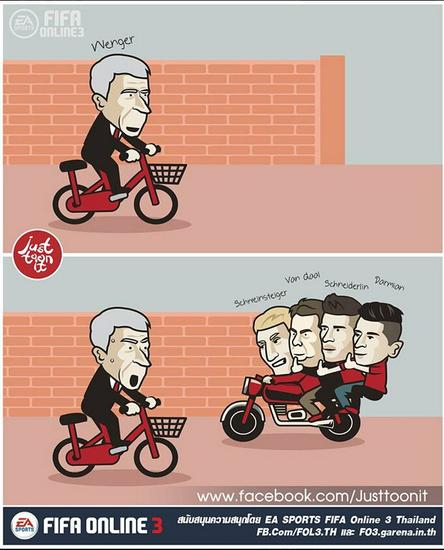 外媒漫画：“温格你好磨蹭！瞧瞧曼联！”