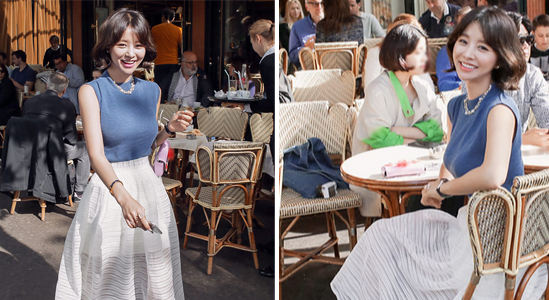 纯色无袖针织上衣搭配纯美半身裙，演绎优雅姿态