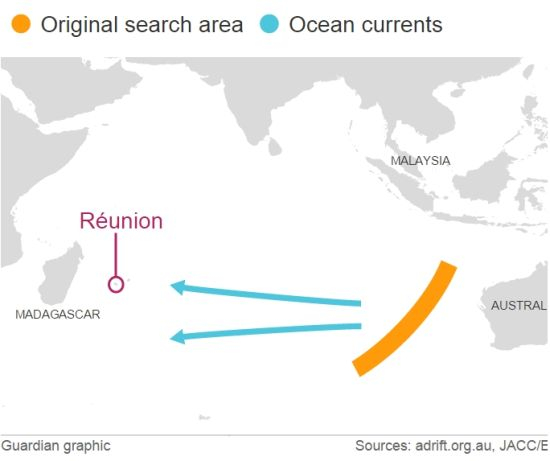 MH370原始搜寻区和发现残骸的岛屿。卫报制图