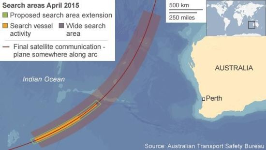 MH370搜寻区。BBC制图