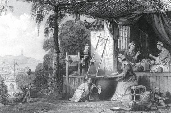 清中叶，江南的缫丝女子。这是早期来华西方人笔下的中国风物画