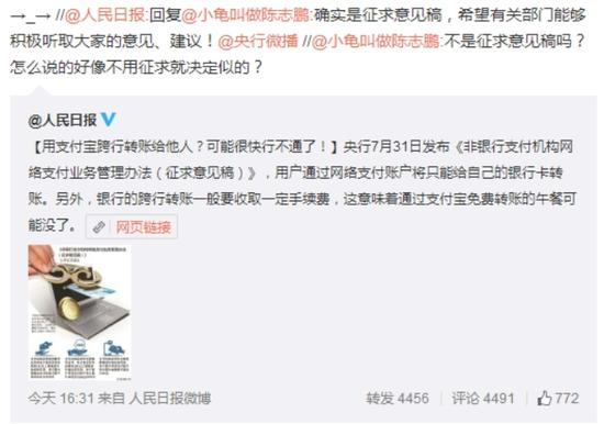 人民日报通过微博@央行微播(即央行官方微博)，建议广纳民意。