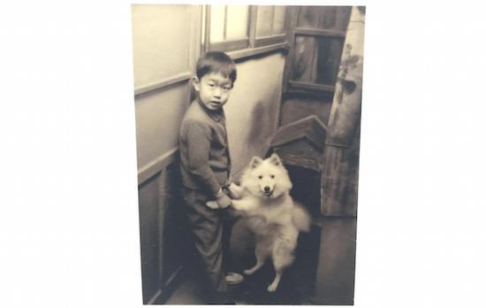 原研哉和他的狐狸犬Chibi，他们身后的小房子就是原研哉为Chibi制作的家。
