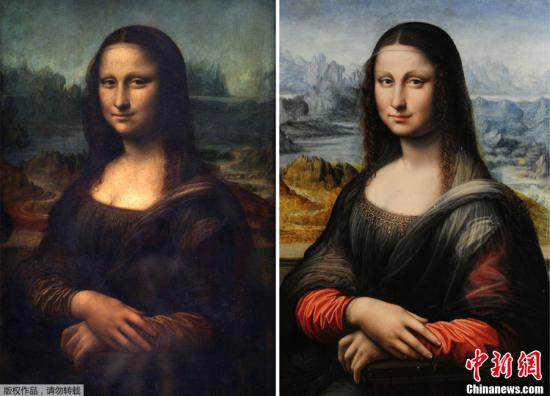 　　近日，西班牙马德里普拉多博物馆展出了一幅著名画家达芬奇的传世名作《蒙娜丽莎》的同时期复制品。据悉，该作品是达芬奇一名学生的临摹作，将于2012年3月29日开始在法国卢浮宫与原作一同展出。图为达芬奇原作（左）与临摹作品（右）的拼合图片。