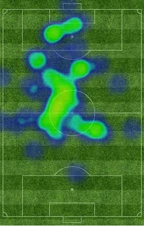 老将德罗西的热区图，从禁区覆盖到中圈附近