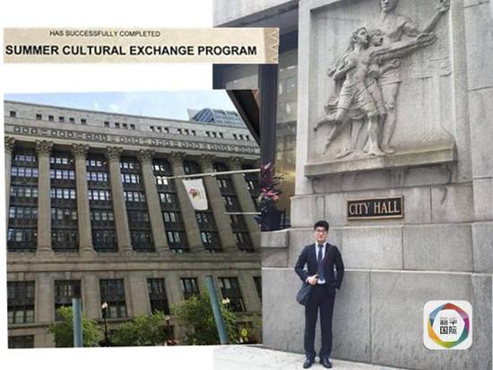 上图为中国学生在芝加哥市政厅大楼留影的拼版图片。