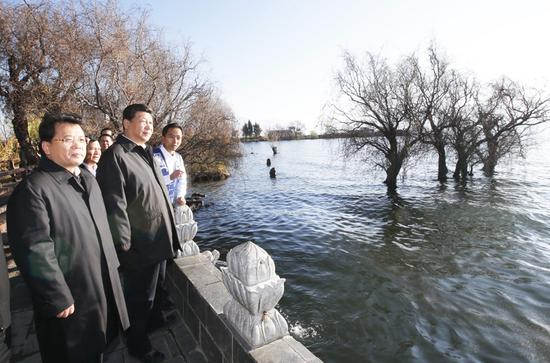 2015年1月20日，习近平来到大理白族自治州大理市湾桥镇古生村，仔细察看洱海边的生态保护湿地。