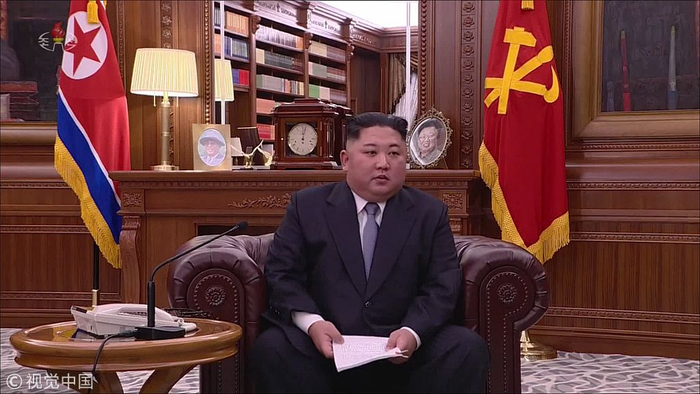 ▲当地时间2019年1月1日，朝鲜最高领导人金正恩发表新年贺词。&nbsp; 图片来源：视觉中国