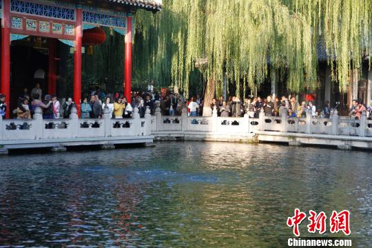 “天下第一泉”趵突泉吸引众多游客观赏“趵突腾空”胜景。　孙婷婷　摄