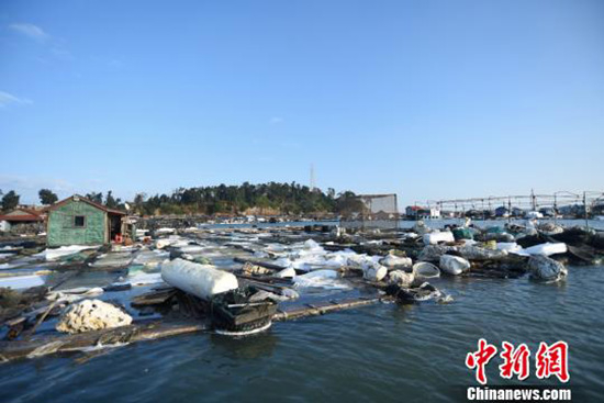 受事故影响，不少渔排上的泡沫浮材被腐蚀，造成渔排下沉，当地渔民损失严重。