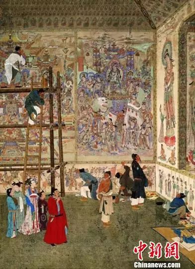 　　资料图：2017年临近“五一”，敦煌研究院推出《敦煌壁画内和壁画外的劳动者》微信特辑。图为当代著名工笔人物画家潘絜兹1954年作品《石窟艺术的创造者》。　敦煌研究院供图