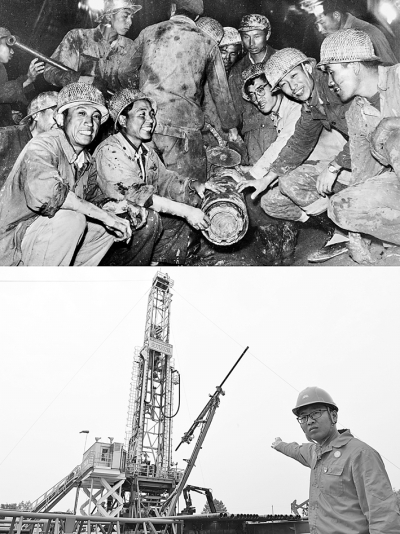　　上图为1965年大庆石油工人第一次取出长岩芯时的情景。下图为2019年大庆油田1202钻井队党支部书记姜洪伟介绍正在使用的先进钻机。新华社发
