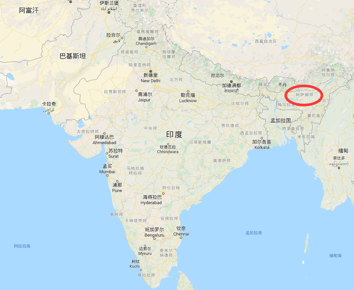  阿萨姆邦位于印度东北，该地区族群种类与族群关系极为复杂（图/谷歌地图）