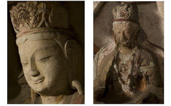 第6窟上层盝形帷幕龛主尊（菩萨）（左）   第6窟明窗西壁白马吻足中的菩萨