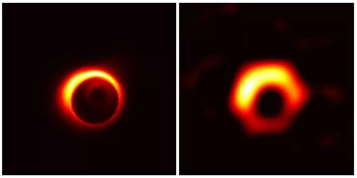  ▲M87星系中心的超大质量黑洞的模拟图像，中间的黑色区域是黑洞的剪影。（图片来源：Jason Dexterand Kazunori Akiyama）