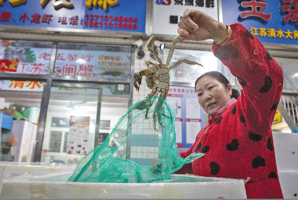 蟹商胡文正在分拣刚送来的大闸蟹。新京报记者&nbsp;游天燚 摄