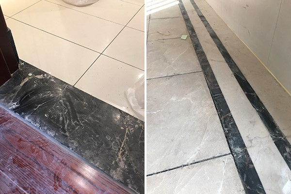 左图：地面砖石裂痕明显；右图：砖石缝隙清晰可见。（人民网记者 夏晓伦摄）