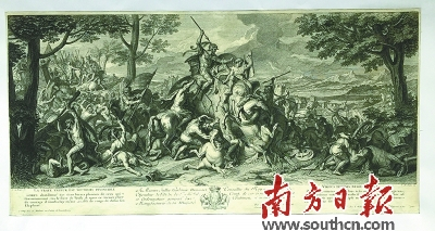 查尔斯·勒布伦18世纪铜版版画《亚历山大与波罗斯之役之一真正的力量永远不败》。