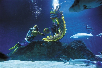 昨日，北京海洋馆，“齐天大圣”和“龙王”在水中表演。