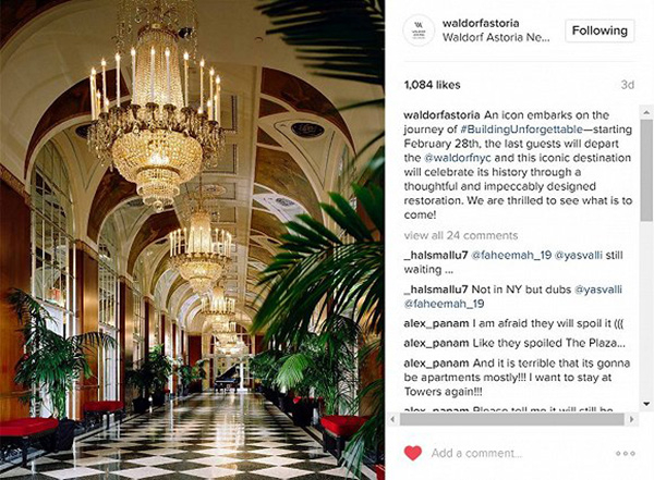 纽约华尔道夫酒店在Instagram账号