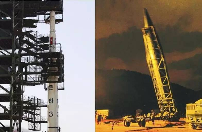 左图为朝鲜银河-3运载火箭，右图为中国东风-4远程导弹