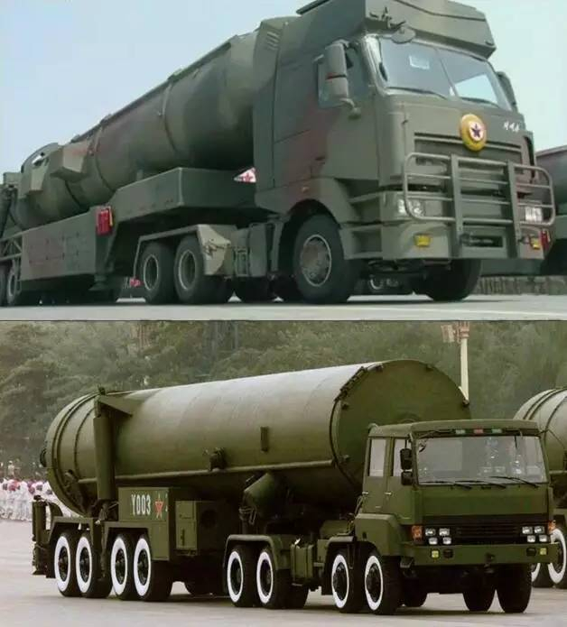 上图为朝鲜阅兵所展示重型导弹，下图为中国东风-31洲际导弹