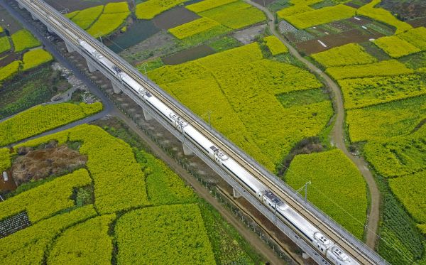 资料图片：一列动车组列车在沪昆高铁贵州安顺段行驶。 新华社发