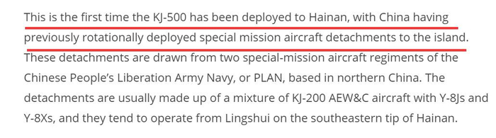 ▲报道强调说这是空警-500首次部署在海南，和中国此前派出的轮换部署飞机特遣队都从属于中国人民解放军海军。