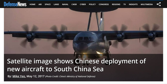 　▲美国权威军事网站《防务新闻》报道称，通过得到的卫星图像发现中国正在南海海域部署新的飞行器。