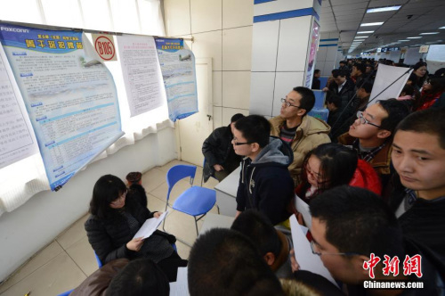 　　资料图：2014年2月7日，山西太原人才市场富士康太原工业园区招聘处，聚集了大批应届大学毕业生前来应聘。中新社发 韦亮 摄