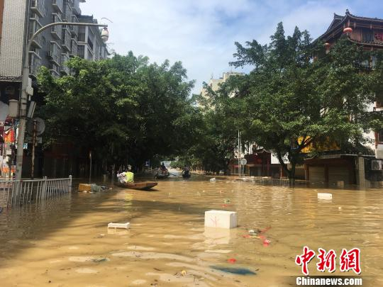 图为广西融水县遭受洪涝现场，该县近半城区被积水浸泡。　朱柳融　摄