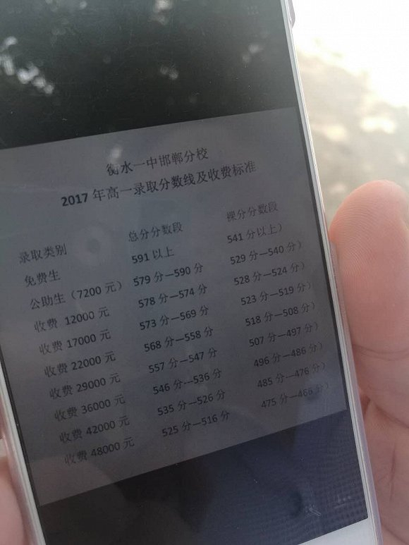 一位天津的考生家长向记者展示了一张名为“衡水一中邯郸分校2017年高一录取分数线及收费标准”的图片 &nbsp;摄影：牛其昌