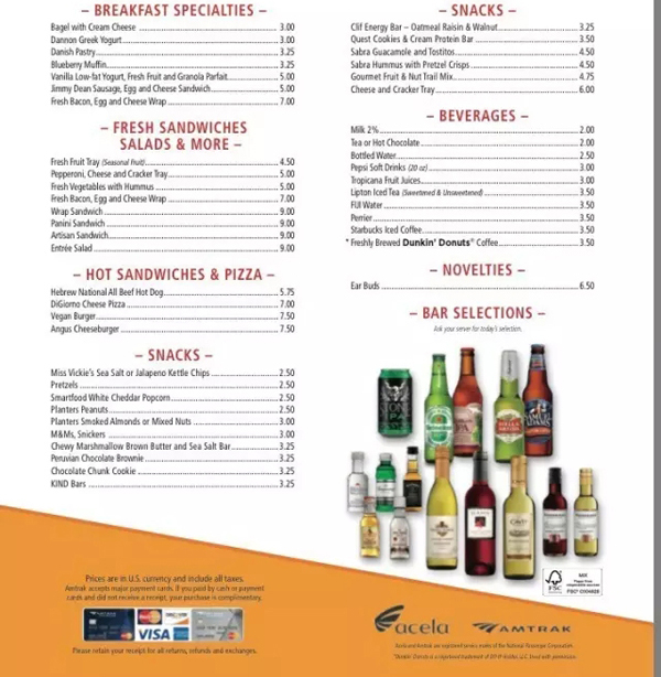 Acela上的食品价目表