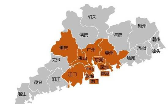 　　粤港澳大湾区指的是由广州、佛山、肇庆、深圳、东莞、惠州、珠海、中山、江门9市和香港、澳门两个特别行政区形成的城市群。（图中橙色部分）