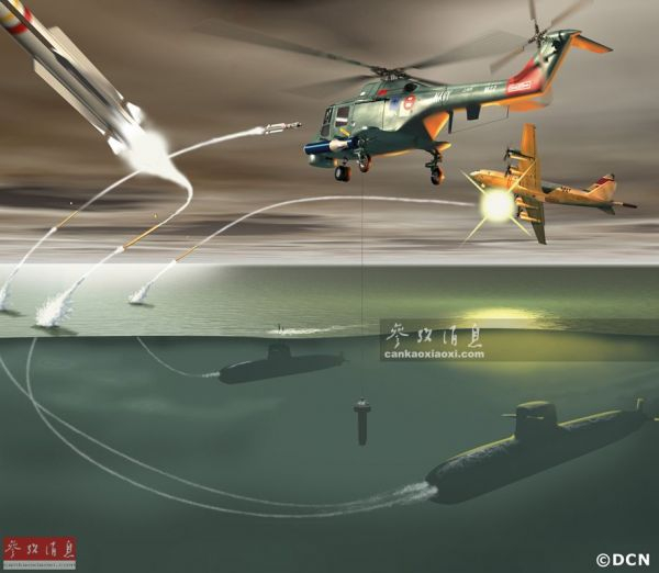 图为法国DCN造船集团公开的法军潜艇使用潜射型米卡导弹攻击反潜巡逻机和直升机想象图。